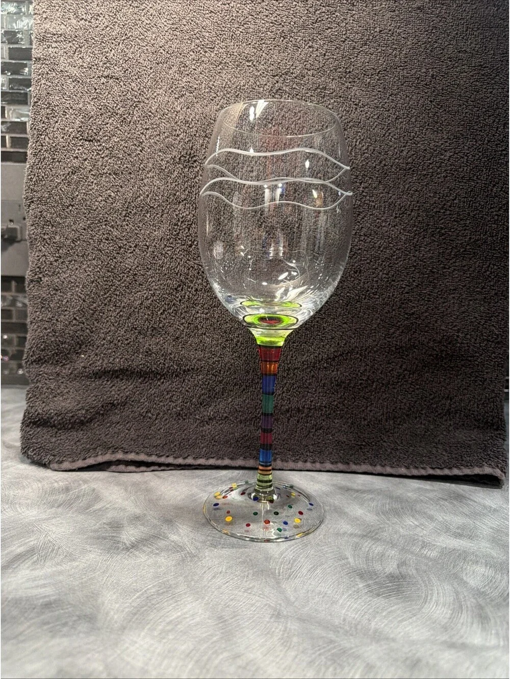 Colorful Art Glass Wine Goblet Striped Stem Confetti Foot Hand Painted 8.5”